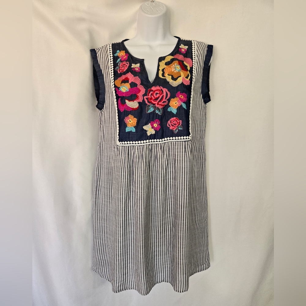 Andree By Unit Boho Gray Stripes Floral Embroidered Mini Dress Size S